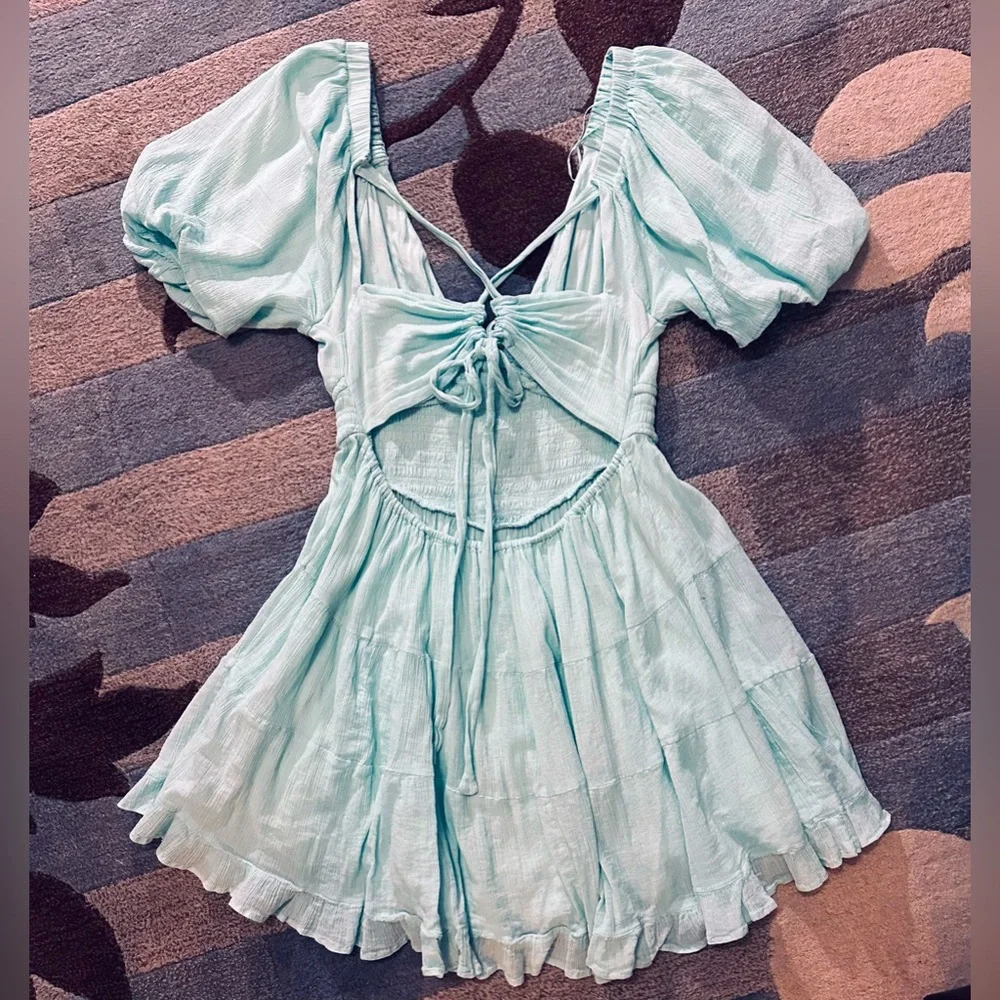FREE PEOPLE Perfect Day Balloon Sleeve A-line Mini Dress w Lace Up Tie Back